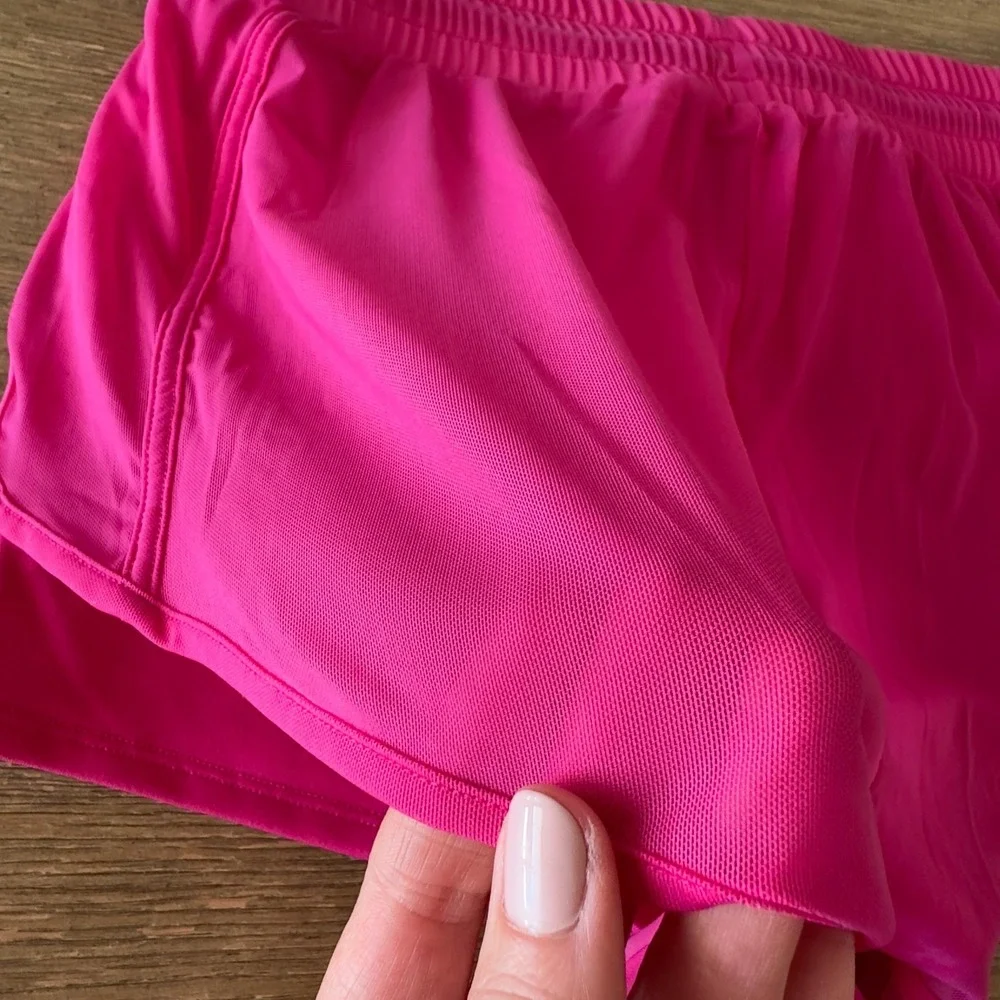 Alo Yoga Ambience Micro Mesh-Overlay Gym Workout Shorts-Lined-Neon Pink-Size XS